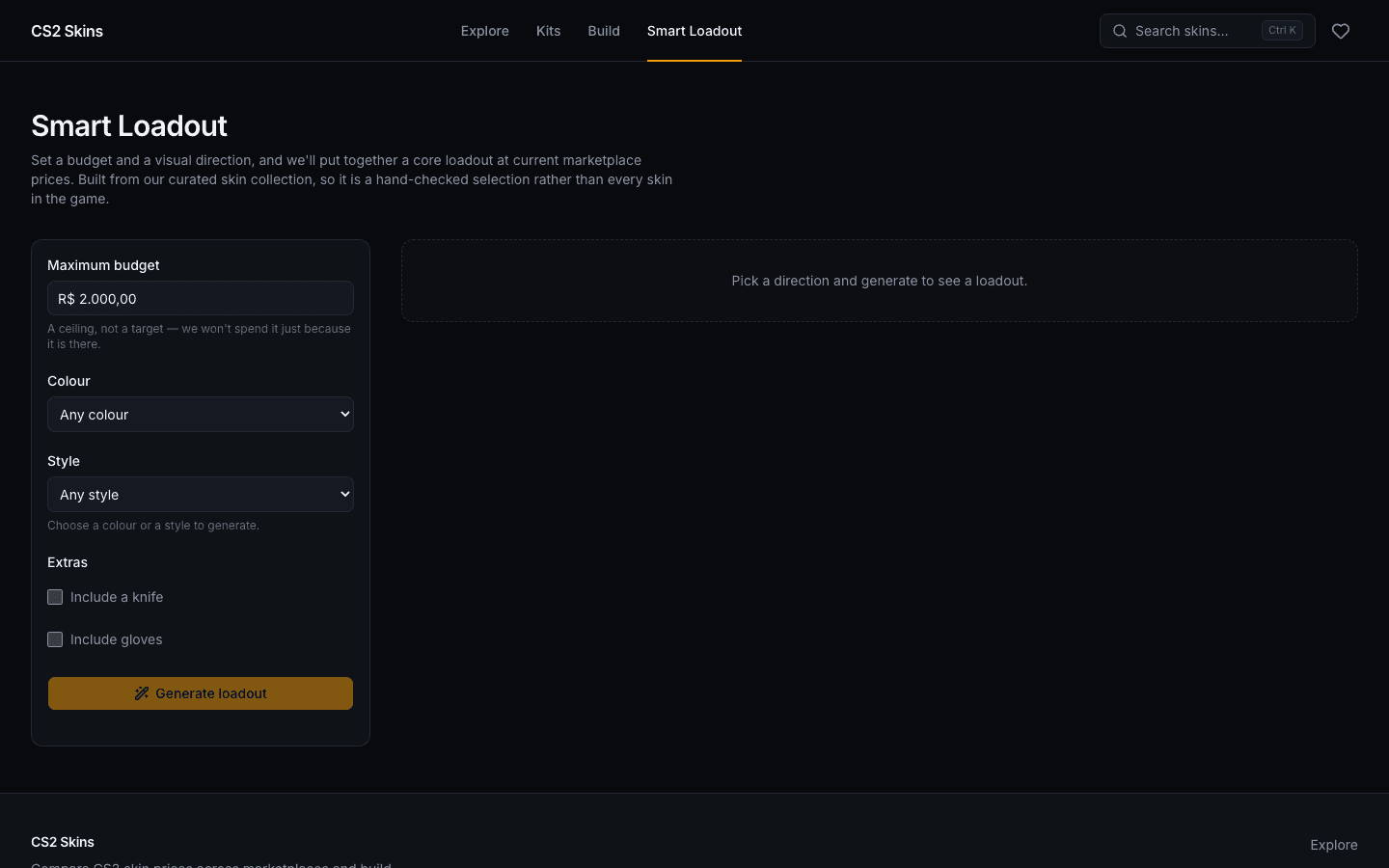 Smart Loadout form for choosing a budget and visual preferences.