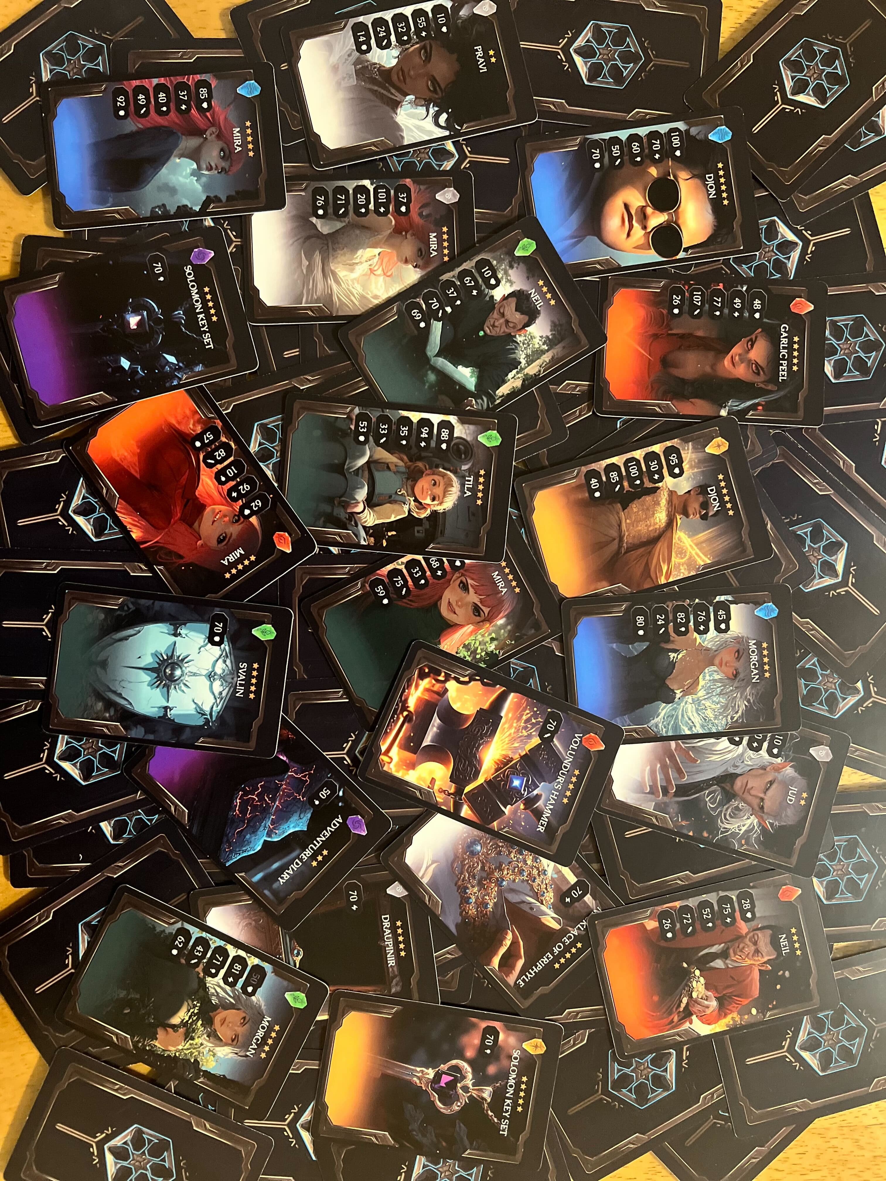 Collection of physical Dobro Goranku hero and equipment cards.