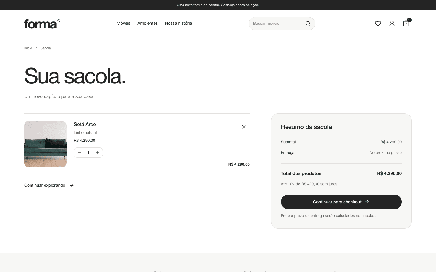 Sacola com o Sofá Arco, controles de quantidade e resumo do pedido.