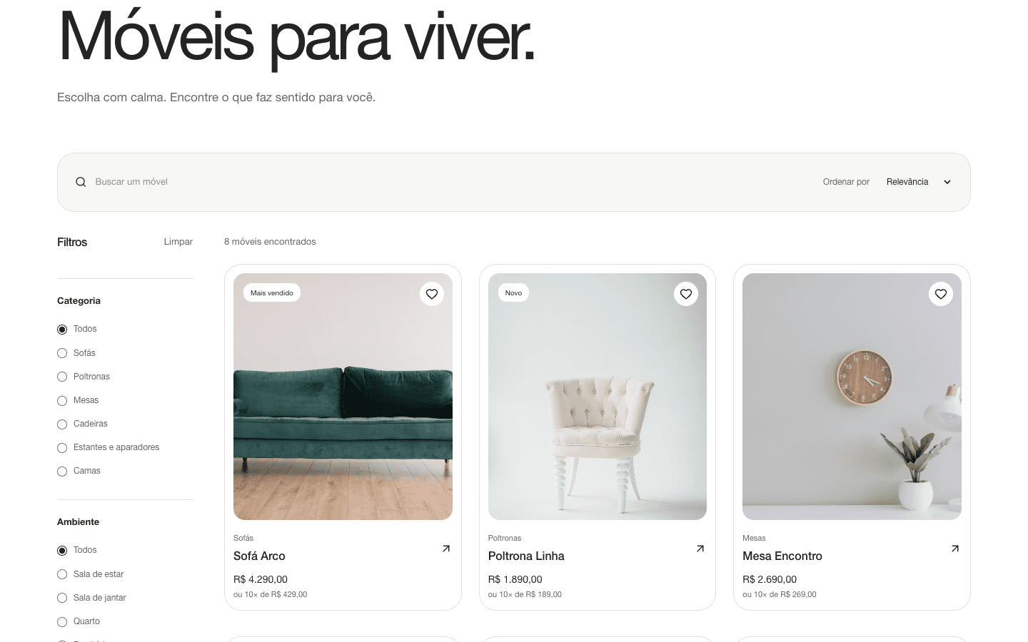 Catálogo de móveis com filtros por categoria, busca e cards de produtos.
