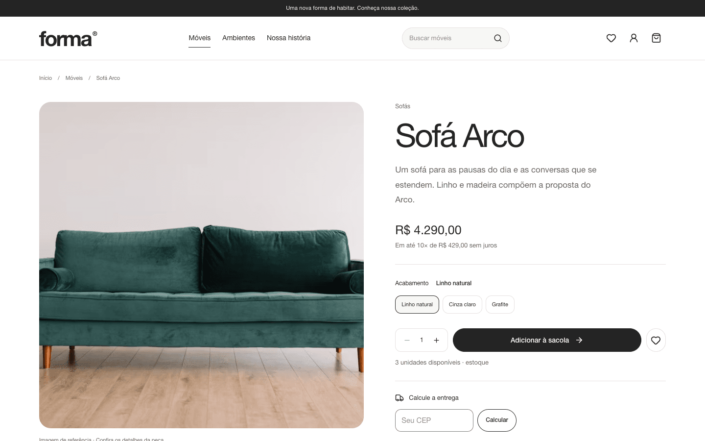 Página do Sofá Arco com acabamentos, seleção de quantidade e cálculo de entrega.